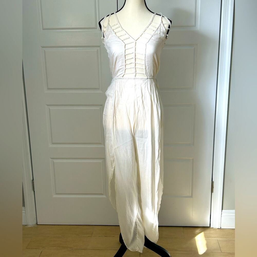Indah white romper jumpsuit sexy sheer slits size small